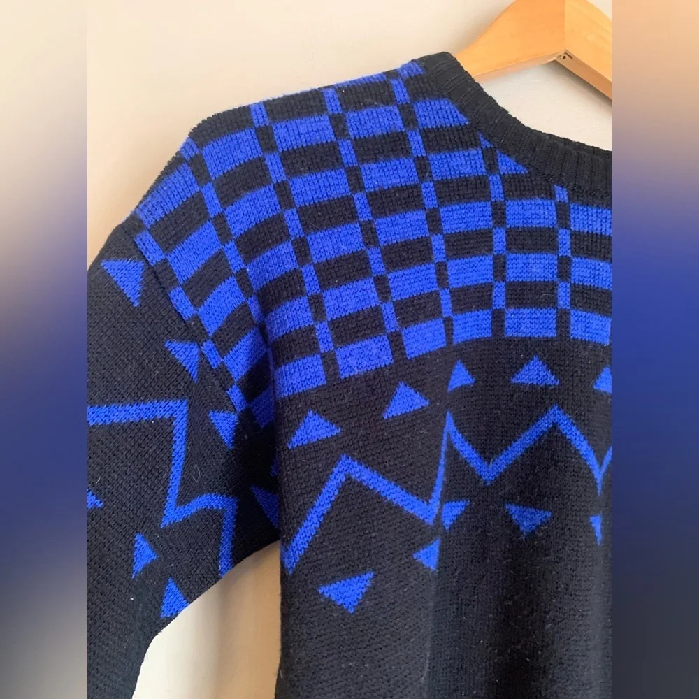 Vtg Hermans Sweater Blue black Wool Blend Knit Nordic Geometric Fair Isle Small